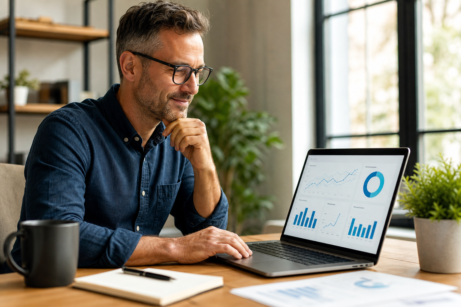 Small business owner reviewing marketing performance on a laptop